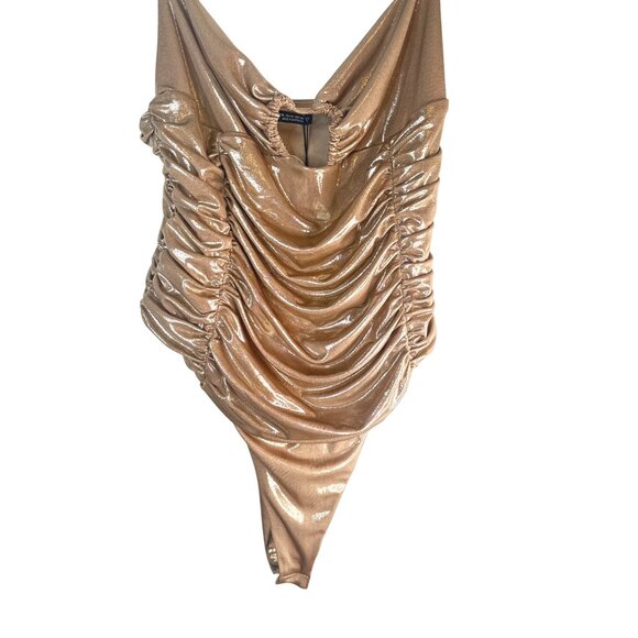 ZARA Shimmer Ruched Bodysuit XL Metallic Shiny Gold Polyester/Elastane NWT - Picture 3 of 15